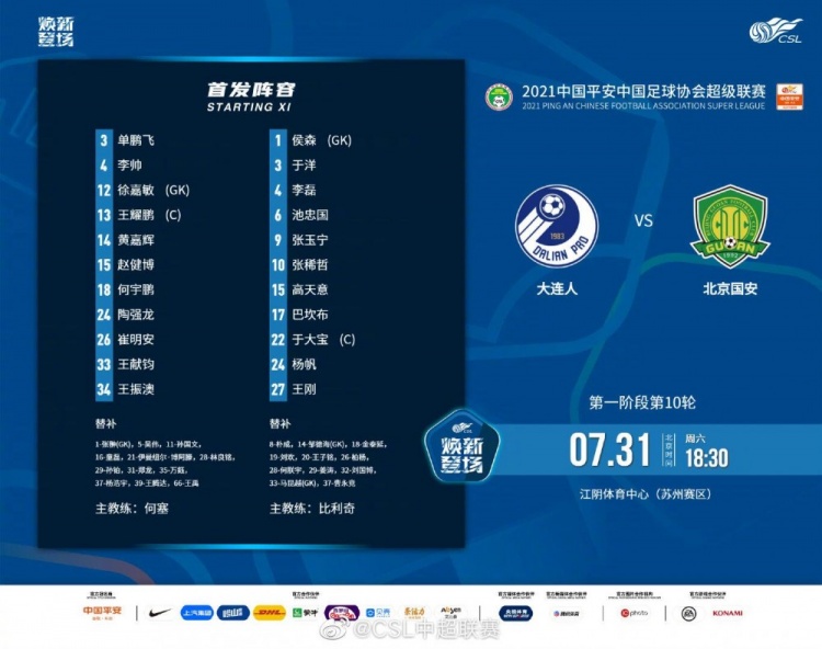 大连人vs北京国安首发:大连人首发6名U23,巴坎布、池忠国出战