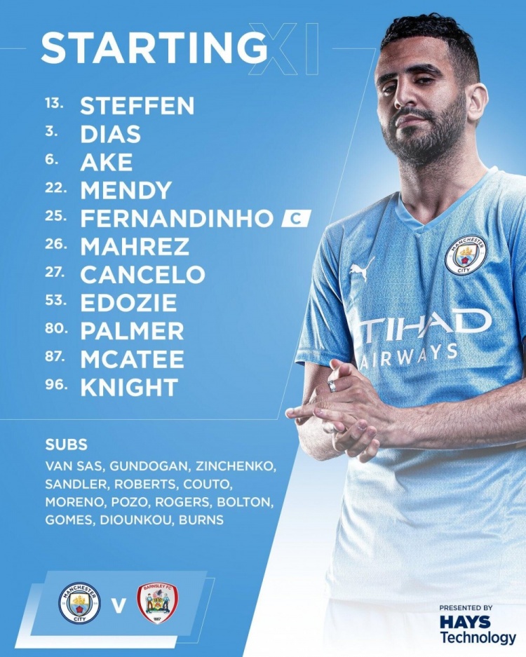 曼城vs巴恩斯利阵容:费鸟、马赫雷斯首发