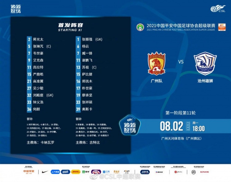 广州vs沧州首发：刘殿座复出，高拉特登场，穆里奇替补