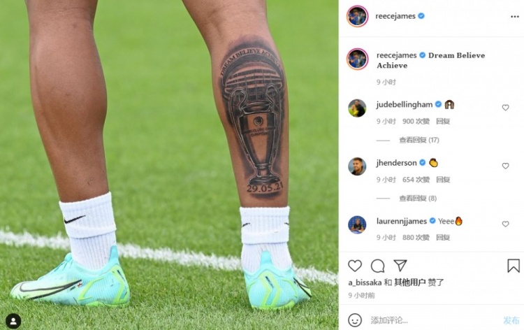 冠军印记!切尔西边卫里斯-詹姆斯晒照,小腿处文上欧冠奖杯