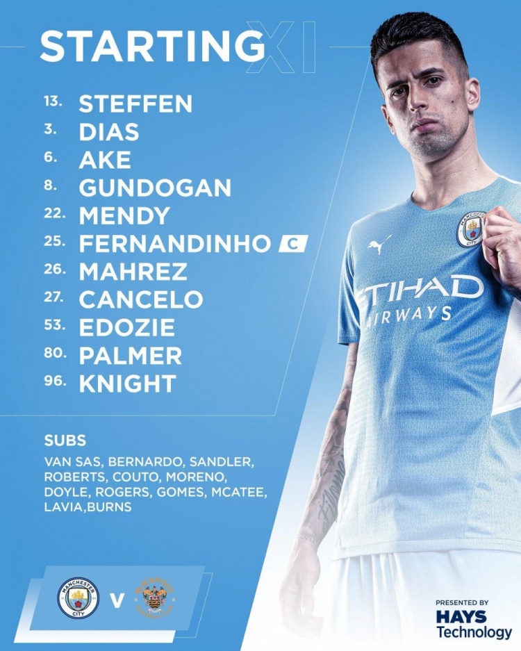 曼城vs布莱克浦首发：马赫雷斯、费鸟领衔