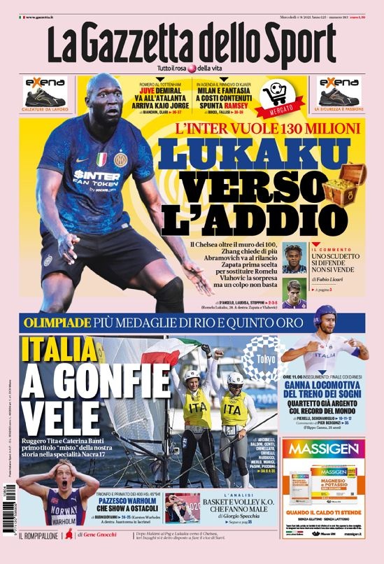 意甲今日头版:卢卡库接近告别 米兰瞄准拉姆塞