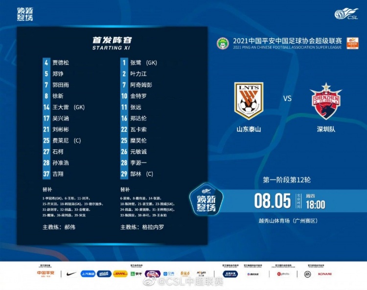 山东泰山vs深圳首发出炉：费莱尼领衔；阿奇姆彭、郜林先发