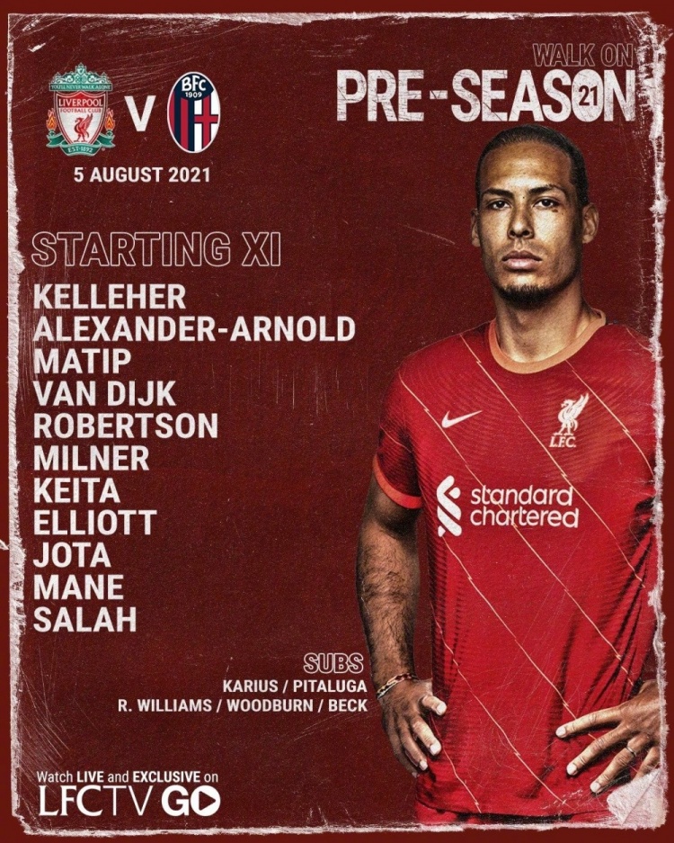 热身赛-利物浦vs博洛尼亚首发:萨拉赫、范迪克领衔,阿诺德出战