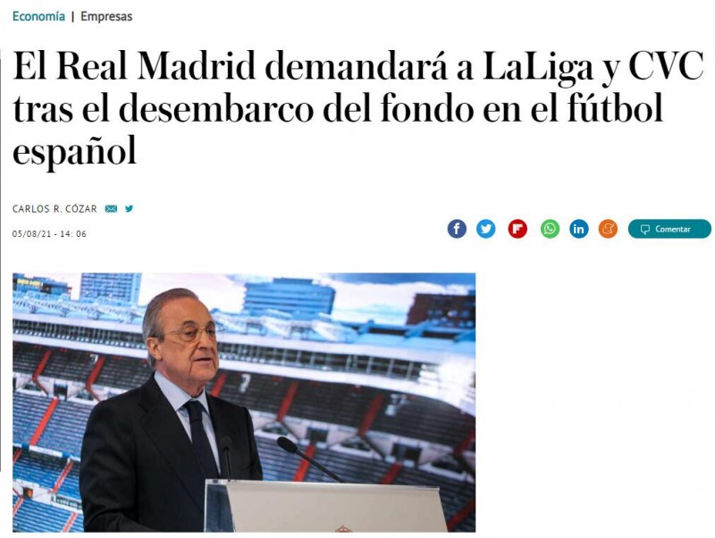 西媒:皇马将就CVC注资西甲联盟27亿欧元起诉二者挪用资产