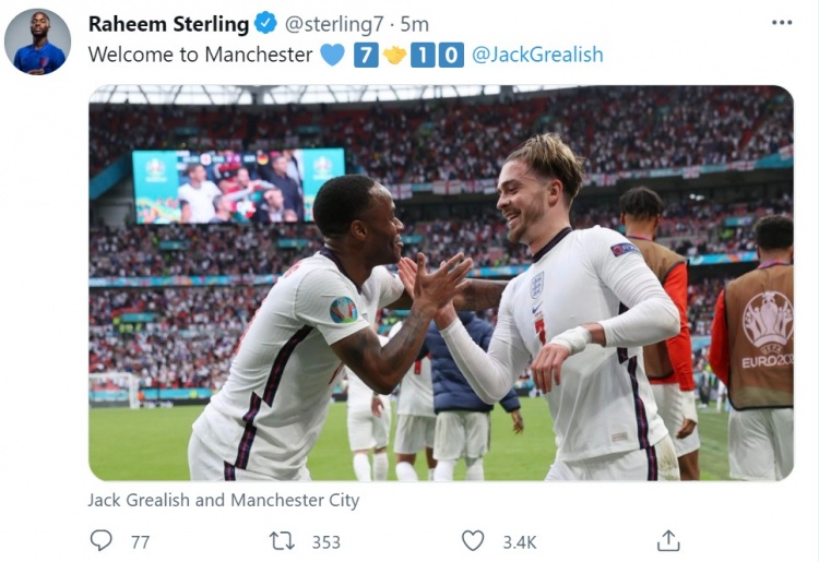 斯特林推特发文：欢迎格拉利什来到曼市，7号和10号的联动！