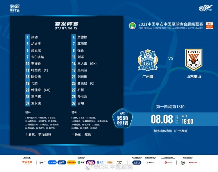 广州城vs山东泰山首发：单外援PK三外援，贾德松先发