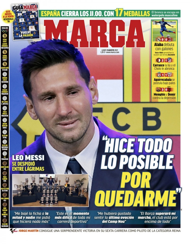 西甲今日头版:梅西在泪水中告别巴萨 他为留队已经倾尽全力