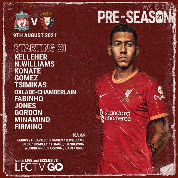 利物浦vs奥萨苏纳首发:南野拓实、菲尔米诺先发