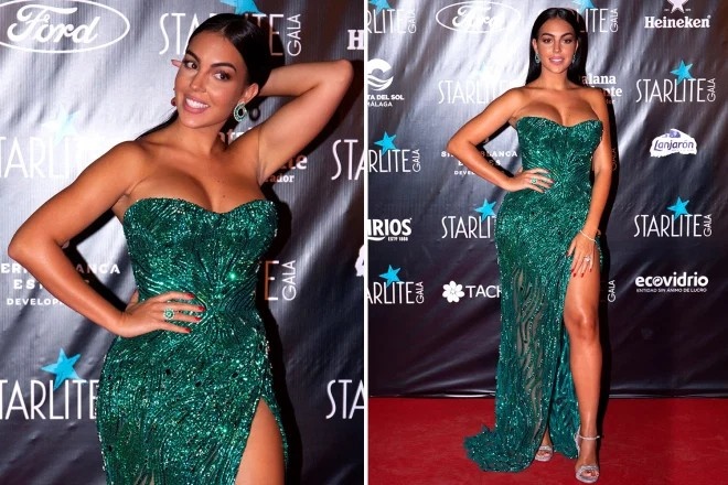 乔治娜盛装出席慈善晚会,绿色礼服艳压群芳