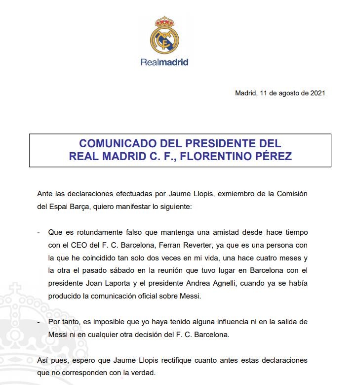 弗洛伦蒂诺声明：我与梅西离队无关，不可能干涉巴萨的任何决定