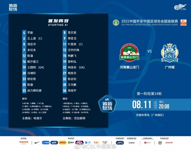 关键战!河南vs广州城首发:舒尼奇 多拉多PK登贝莱 吉列尔梅