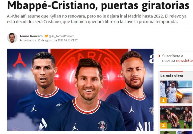 双骄聚首？阿斯：如果姆巴佩明夏去皇马，巴黎将免签C罗