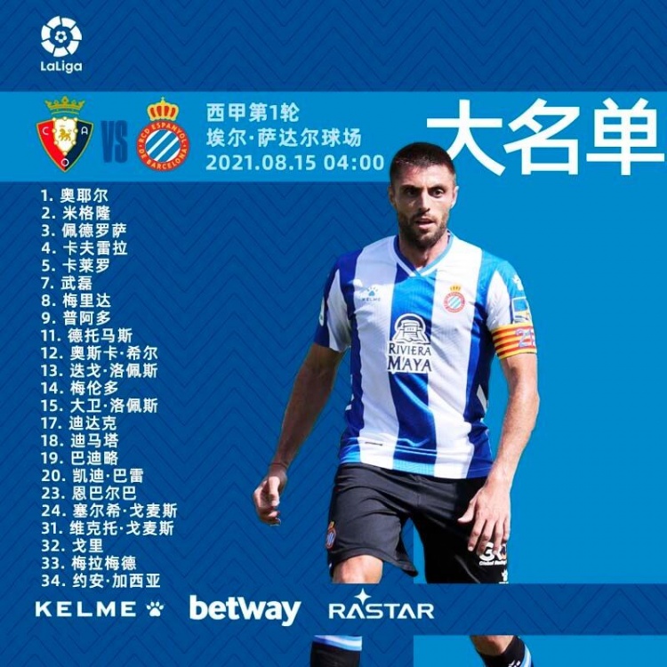 西班牙人西甲首轮大名单：武磊在列