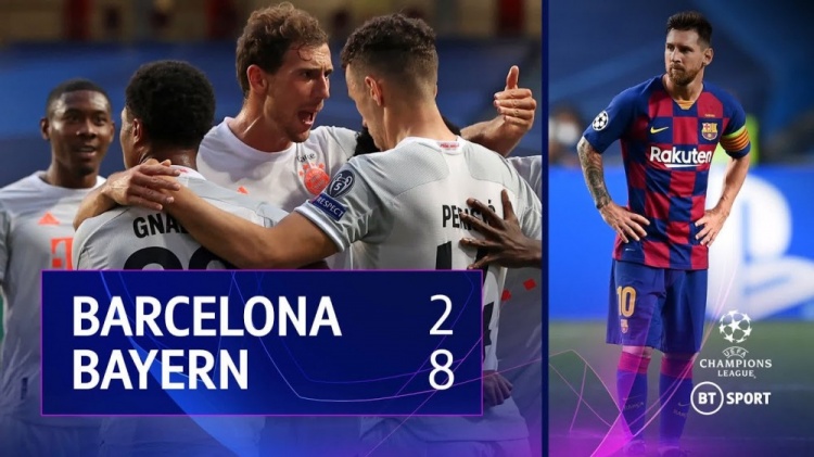 1年前的今天：穆勒库鸟各造3球，拜仁欧冠八强战8-2血洗巴萨