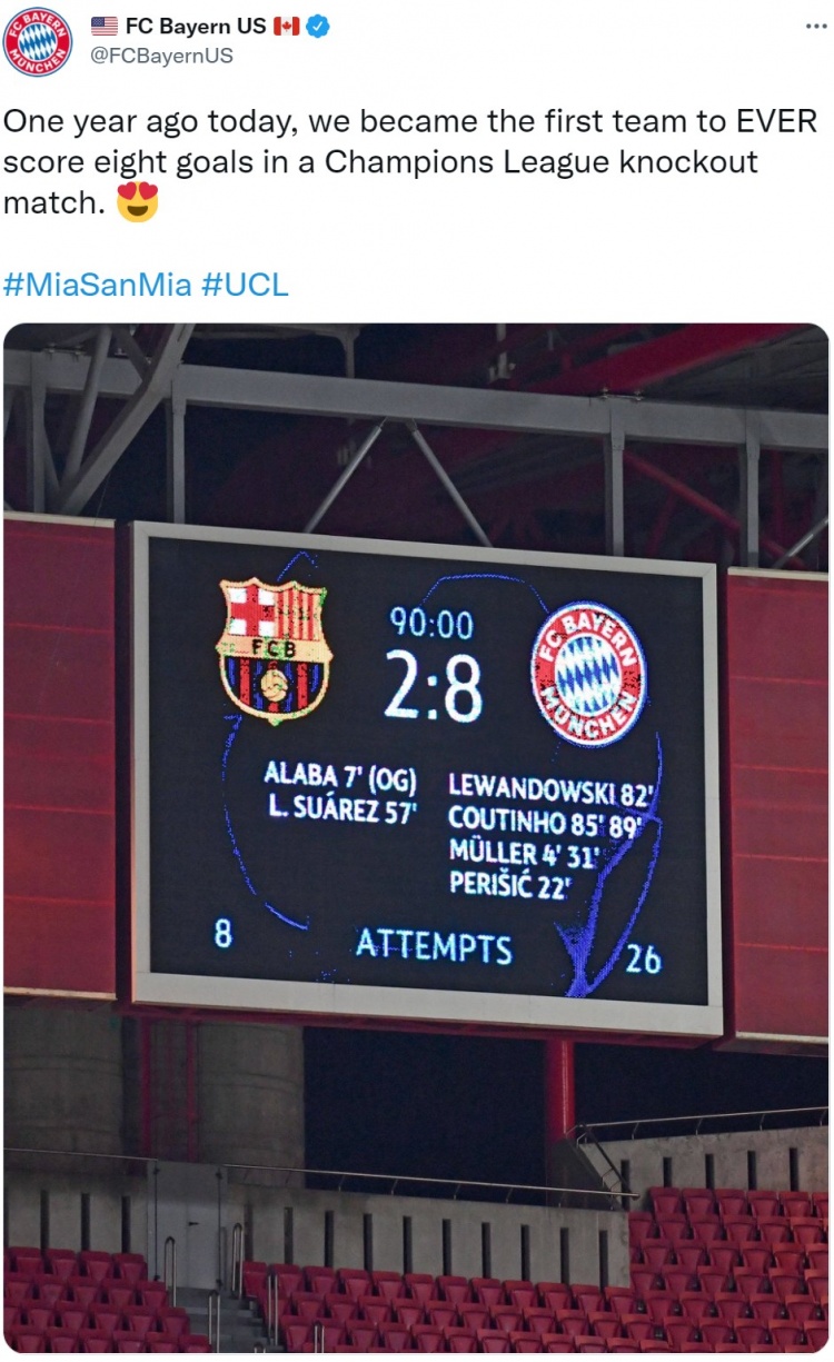 拜仁8-2巴萨一周年纪念日,拜仁官推发文庆祝