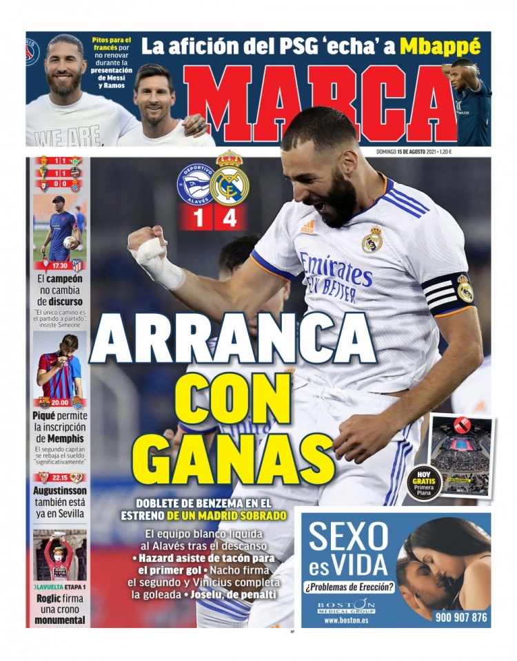 西甲今日头版：本泽马就是皇马的引援 巴萨联赛首战有德佩