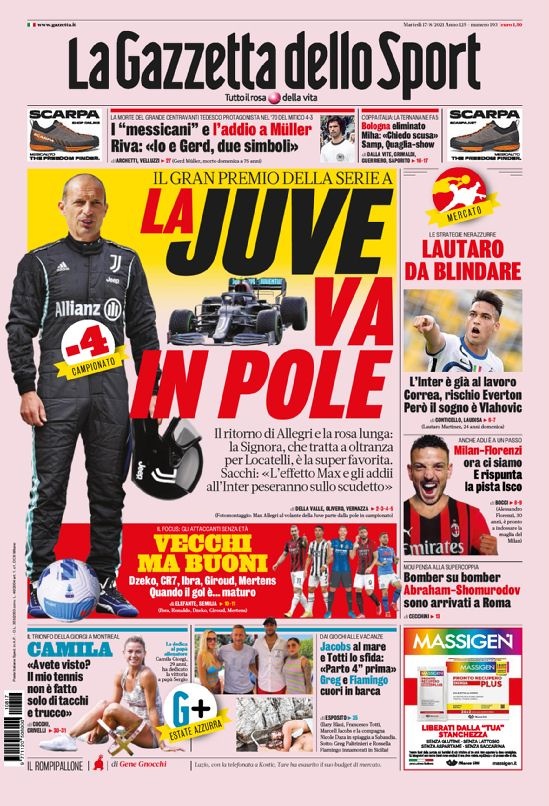 意甲今日头版:CR7自荐曼城 米兰谈妥弗洛伦齐