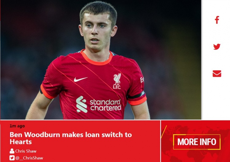 利物浦官方:21岁中场本-伍德伯恩外租苏超哈茨一个赛季