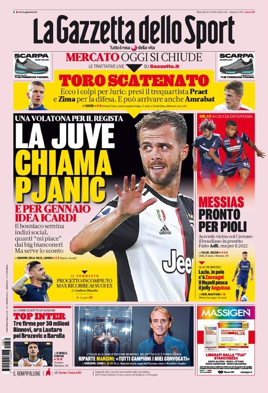 意甲今日头版:尤文呼唤皮亚尼奇 米兰拿下梅西亚斯