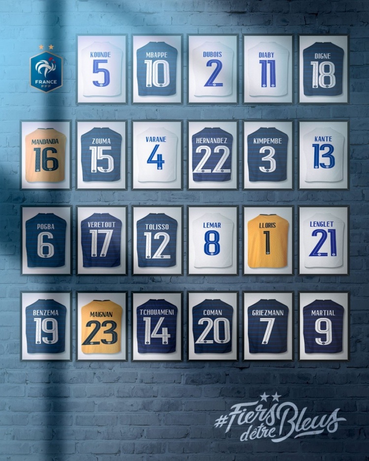 法国队公布球员号码：马夏尔9号，特奥22号、朗格莱21号