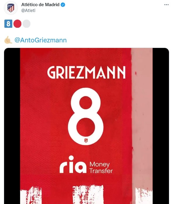 马竞官方：格列兹曼新赛季穿8号球衣