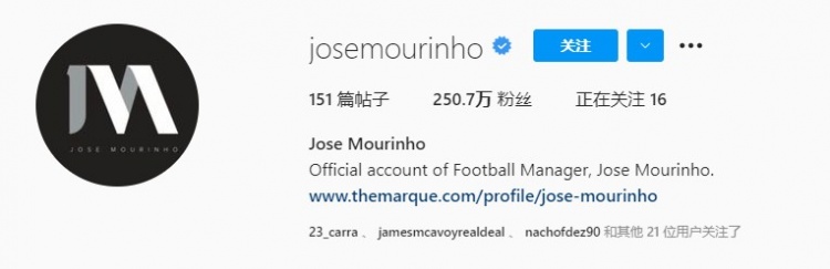 意甲主帅INS粉丝排名:穆帅250.7万人排第一,约为第二名十倍