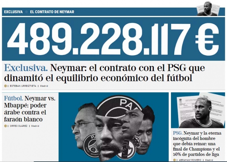 世界报:2017年巴黎引进内马尔,转会费+薪水总额达4.89亿欧