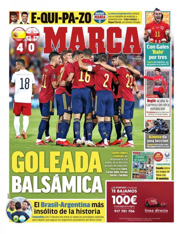 西甲今日头版:西班牙上演进球盛宴 巴阿大战中断后腰斩