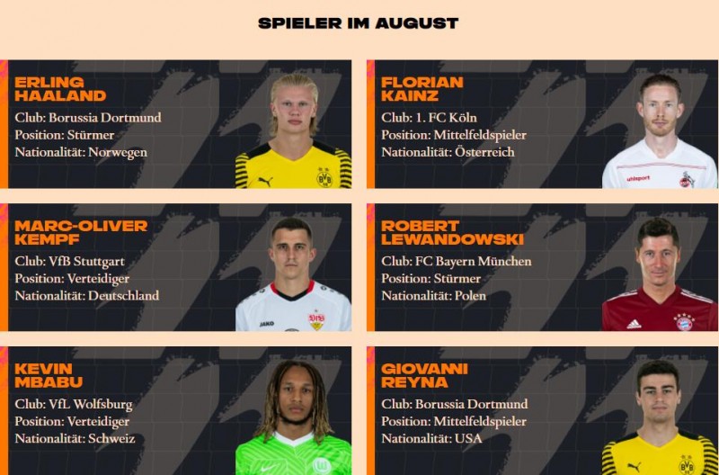 德甲8月最佳球员候选:莱万领衔,哈兰德&雷纳在列