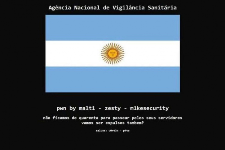 巴西卫生管理局网站遭到黑客攻击，黑客留下了一面阿根廷国旗