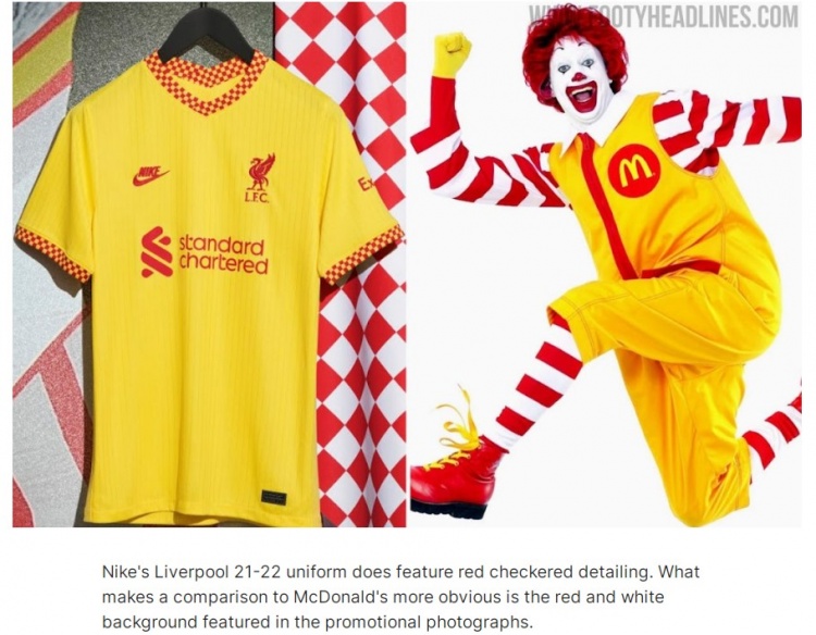 利物浦第二客场球衣遭吐槽，设计神似麦当劳经典广告形象