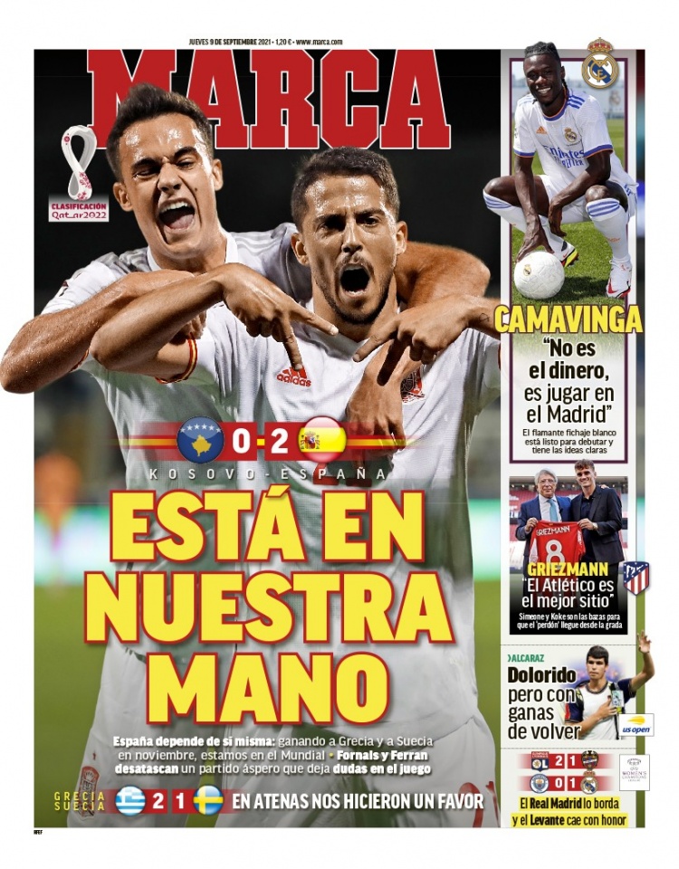 西甲今日头版:西班牙再次掌握自己命运 卡马文加和格列兹曼亮相