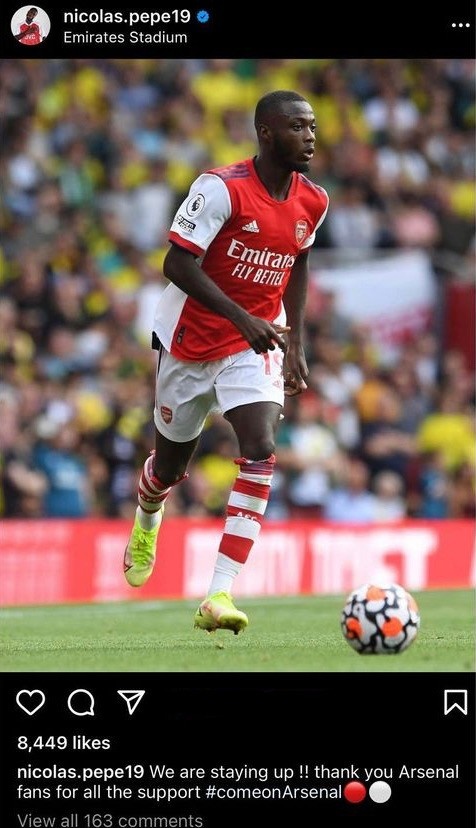 第4轮取得英超首胜,尼古拉斯-佩佩赛后社媒调侃:我们要保级了!