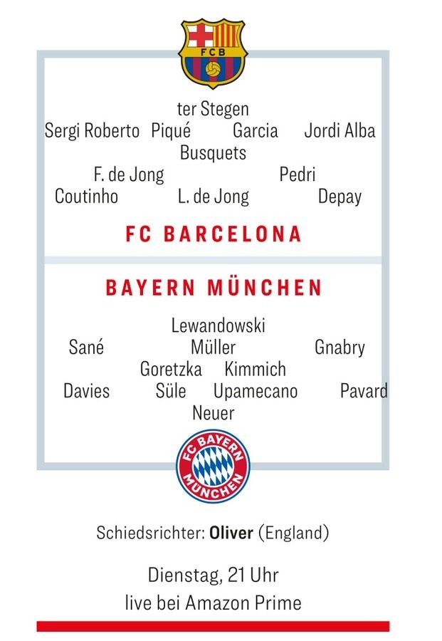 踢球者预测巴萨vs拜仁首发:库鸟、德佩、卢克-德容、莱万先发