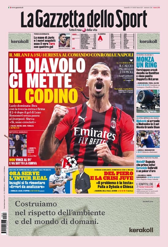 意甲今日头版:伊布神圣的马尾辫 尤文欧冠要靠迪巴拉