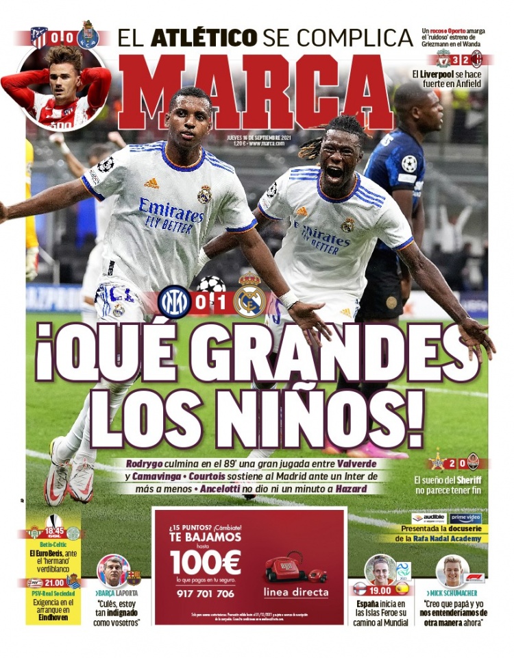 西甲今日头版:黄金板凳助皇马欧冠开门红 拉波尔塔依然信任科曼