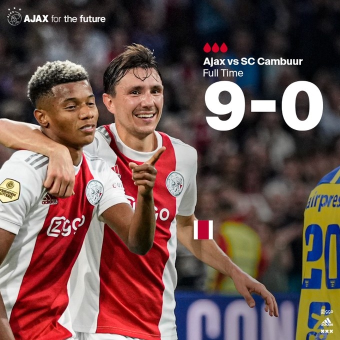 荷甲-阿贾克斯9-0坎布尔:8人破门,内雷斯&塔迪奇各造3球