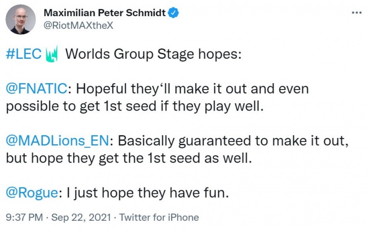 LEC运营总裁：只希望RGE在S11世界赛玩得开心就好