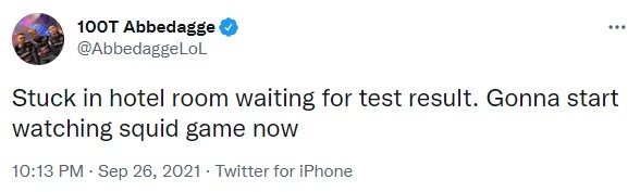 100T中单发推：被困在酒店房间等待测试结果 要开始看鱿鱼游戏了