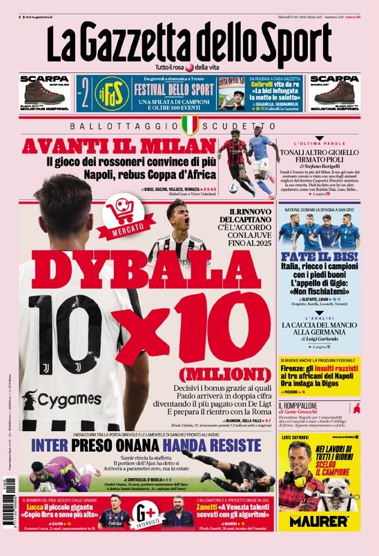 意甲今日头版：迪巴拉年薪一千万欧 尤文计划引进弗拉霍维奇