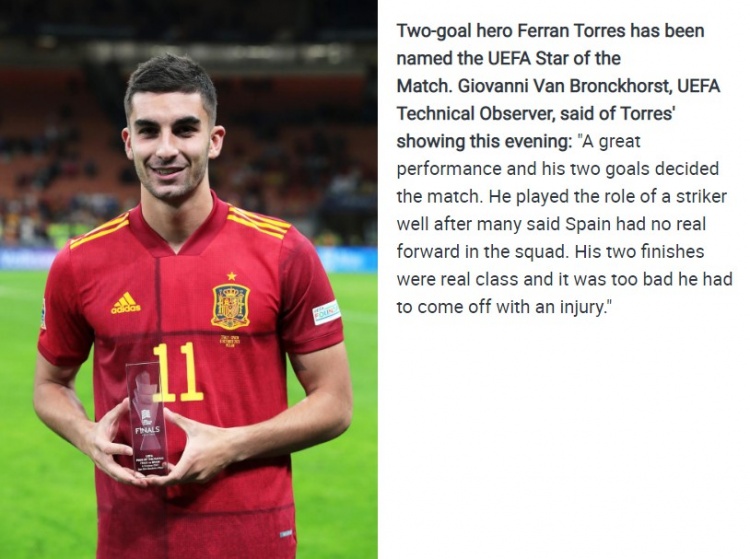 梅开二度！费兰-托雷斯当选意大利vs西班牙全场最佳