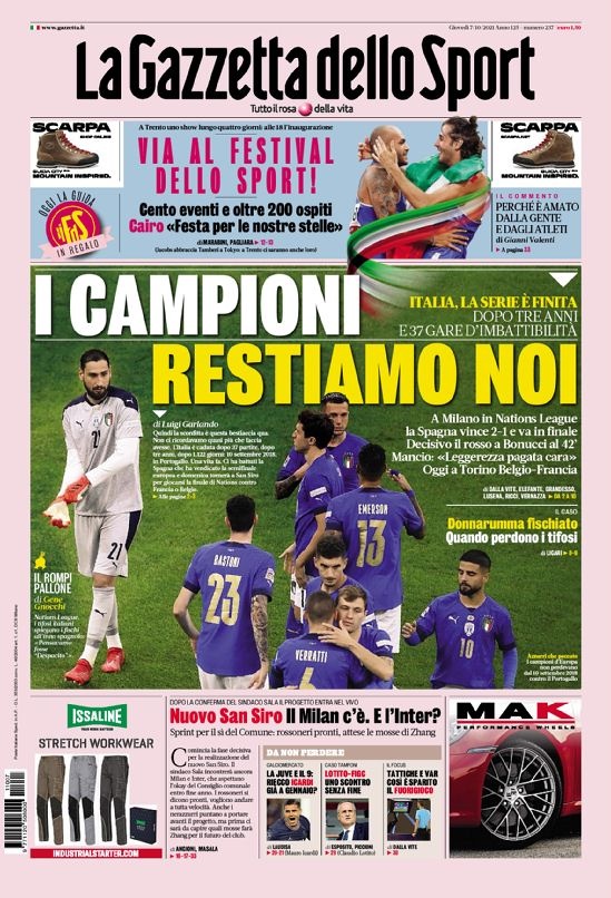 意甲今日头版：意大利37场不败终止 尤文一月引进二弟？