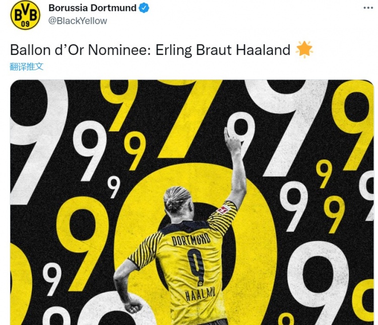 多特祝贺哈兰德首次入围金球奖候选,贝林厄姆、雷纳进科帕奖候选