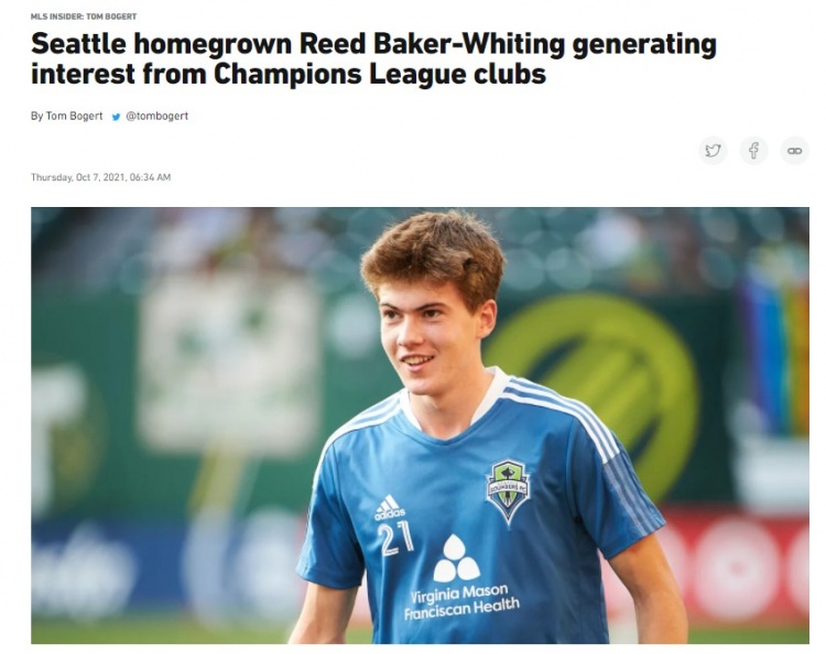 美媒:曼城红军多特等队对西雅图海湾人16岁小将贝克-惠汀感兴趣