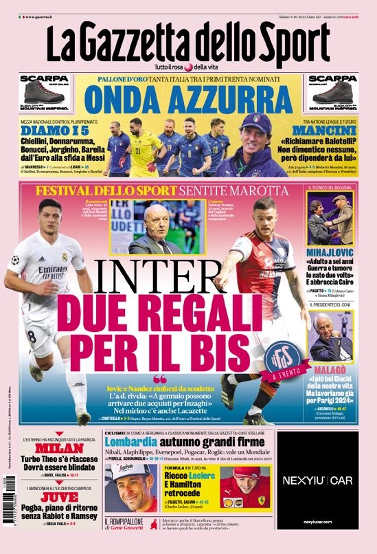 意甲今日头版：五名意球员提名金球奖 国米一月将引进两人