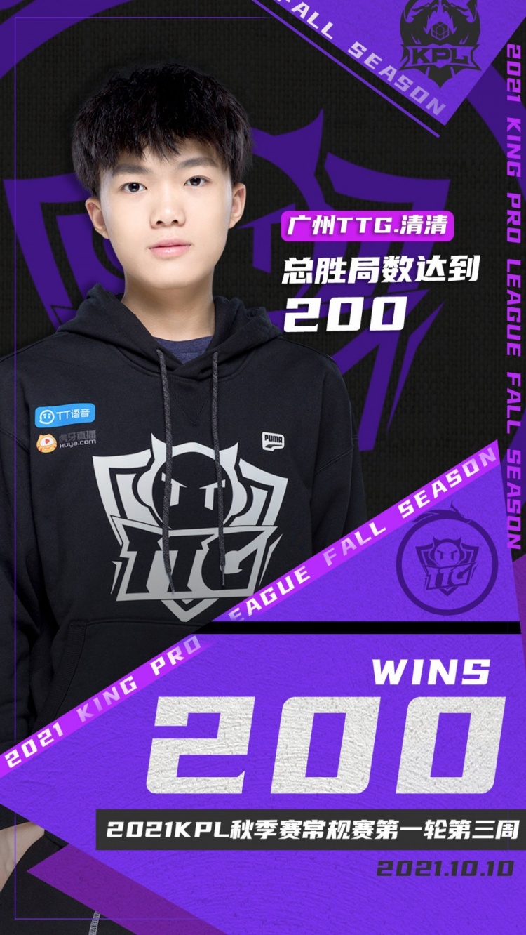 里程碑:广州TTG.清清 达成KPL赛场200胜局