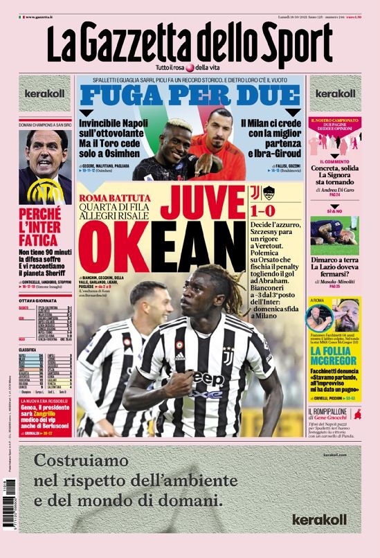 意甲今日头版:尤文图斯四连胜 那不勒斯八连胜