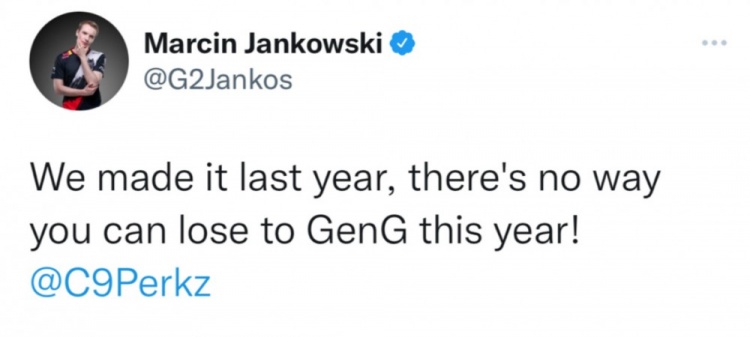 老队友Jankos的牵挂：去年我们赢了GEN 今年Perkz你可不能输啊