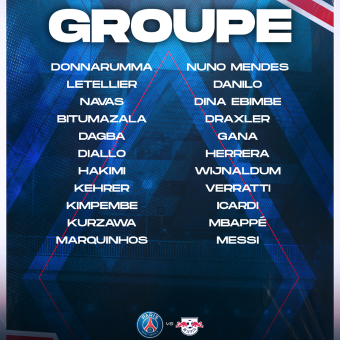 巴黎欧冠战莱比锡名单：梅西、姆巴佩领衔，内马尔、拉莫斯伤缺